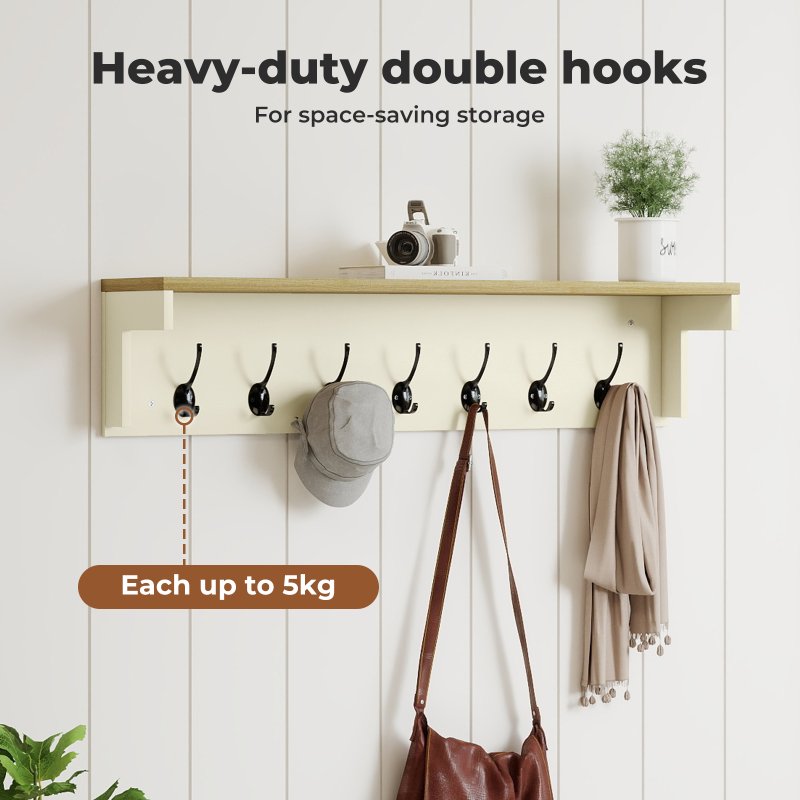 Levede Coat Rack Wall Mounted Shelf 7 Double Hooks Storage Entryway Hallway