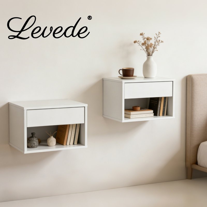 Levede Bedside Table Floating Set of 2 Wall Mounted Drawer Open Shelf White