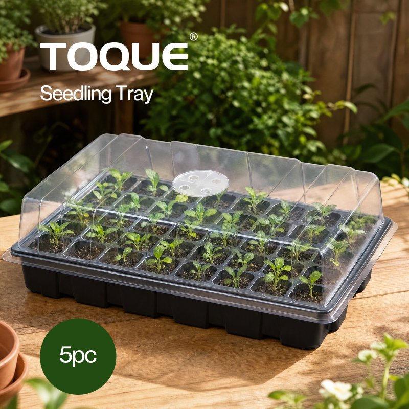 TOQUE Seed Trays 5Pc Clear View With Lids 40 Cell Propagators For Plants Black