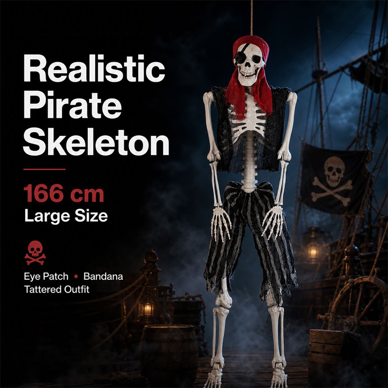 Yezi Halloween Skeleton Life Size Pirate Decor 166cm PE Plastic White