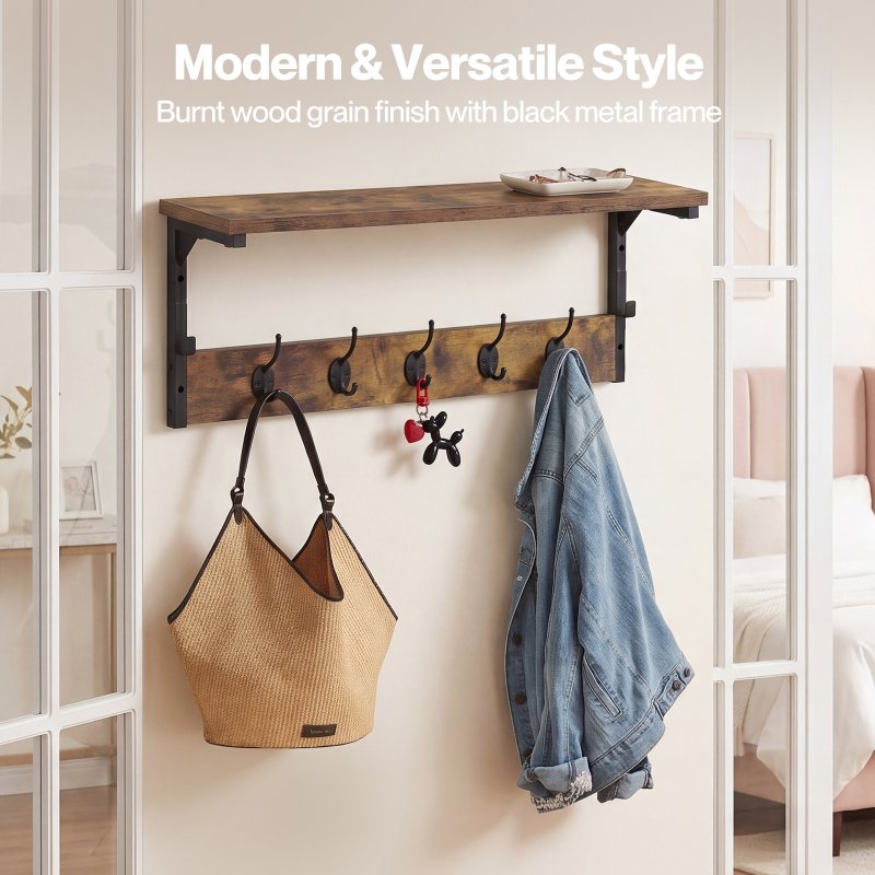 Levede Coat Rack Wall Mounted Shelf 7 Hooks Heavy Duty Entryway Storage Brown