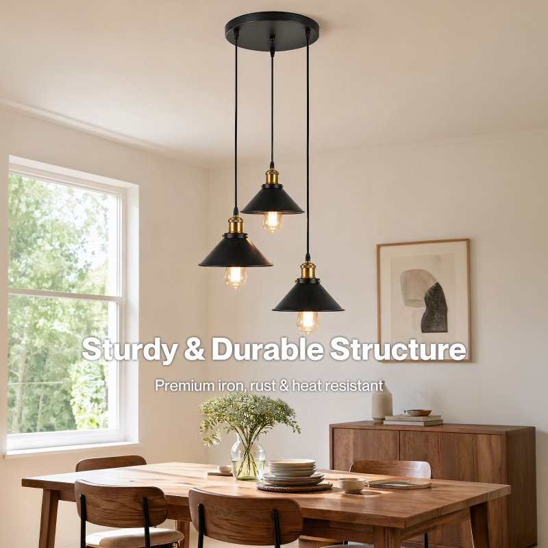 Emitto Pendant Light 3 Lights Height Adjustable Vintage Ceiling Light Black