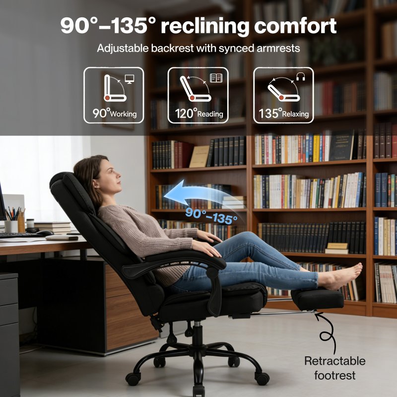 Levede Office Chair with Footrest Linen Fabric High Back Swivel 135?? Reclining