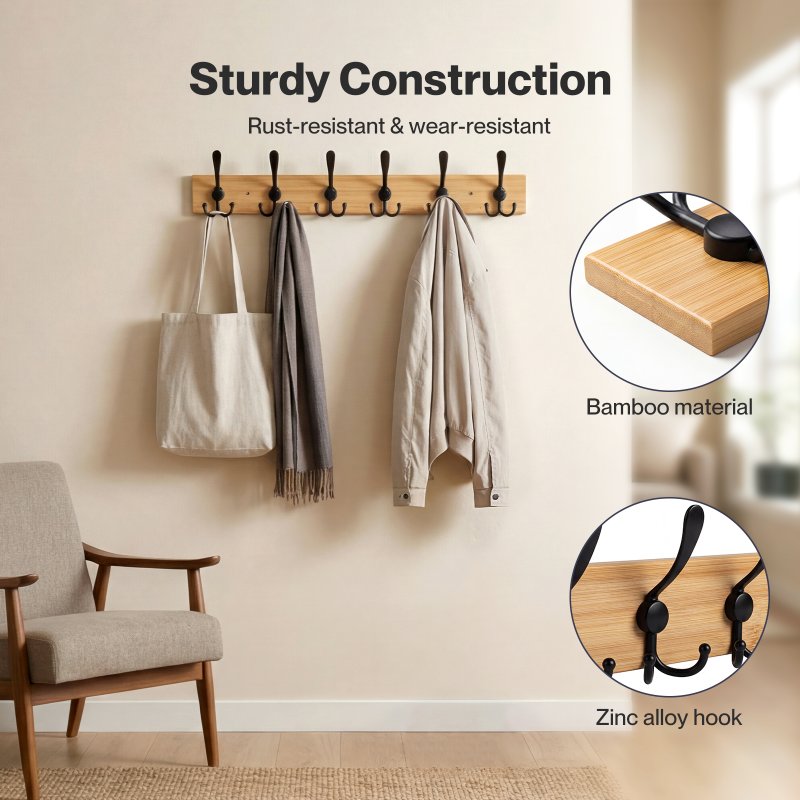 Levede Coat Rack Wall Mounted 6 Triple Hooks Holds Coats & Bags, Hallway Bamboo