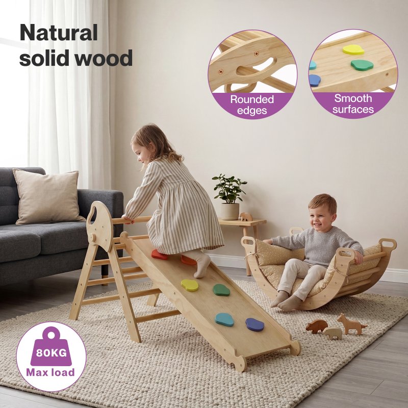 DEKKO 8 in 1 Triangle Climbing Set Kids Wooden Climber with Arch Slide Natural