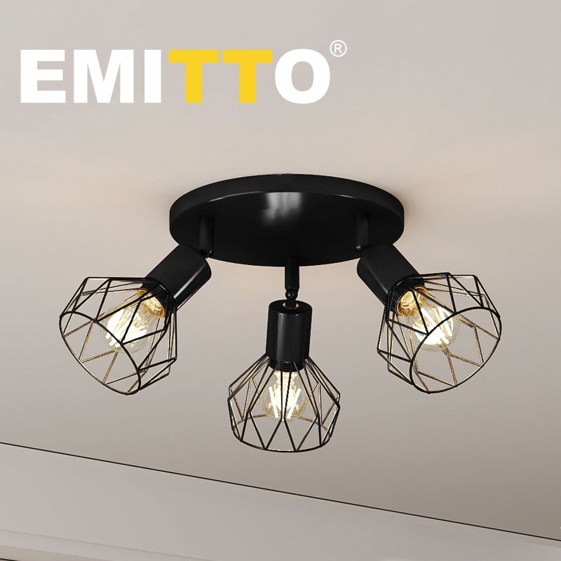 EMITTO 3-Way Spotlight Ceiling Light Adjustable Vintage Black E14 Metal Fixture