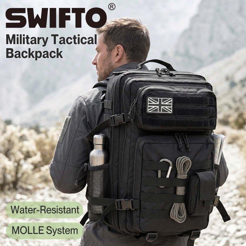 Swifto Military Backpack 45L, Tactical Backpack, 900D Oxford, Black