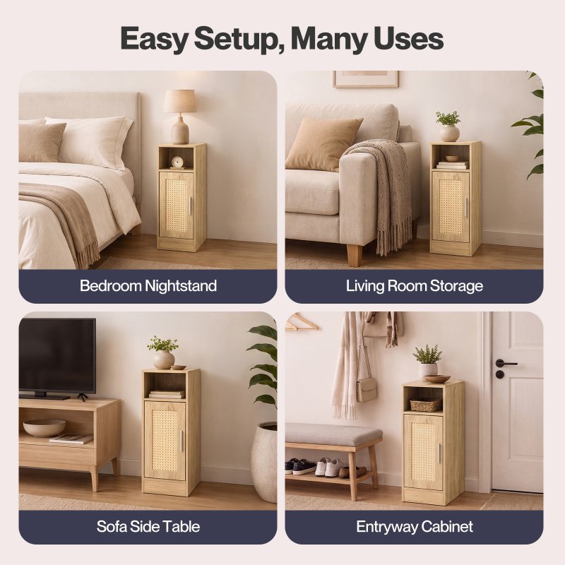 Levede Bedside Table 2 Pc Narrow Side Table Boho Rattan Storage For Bedroom Wood