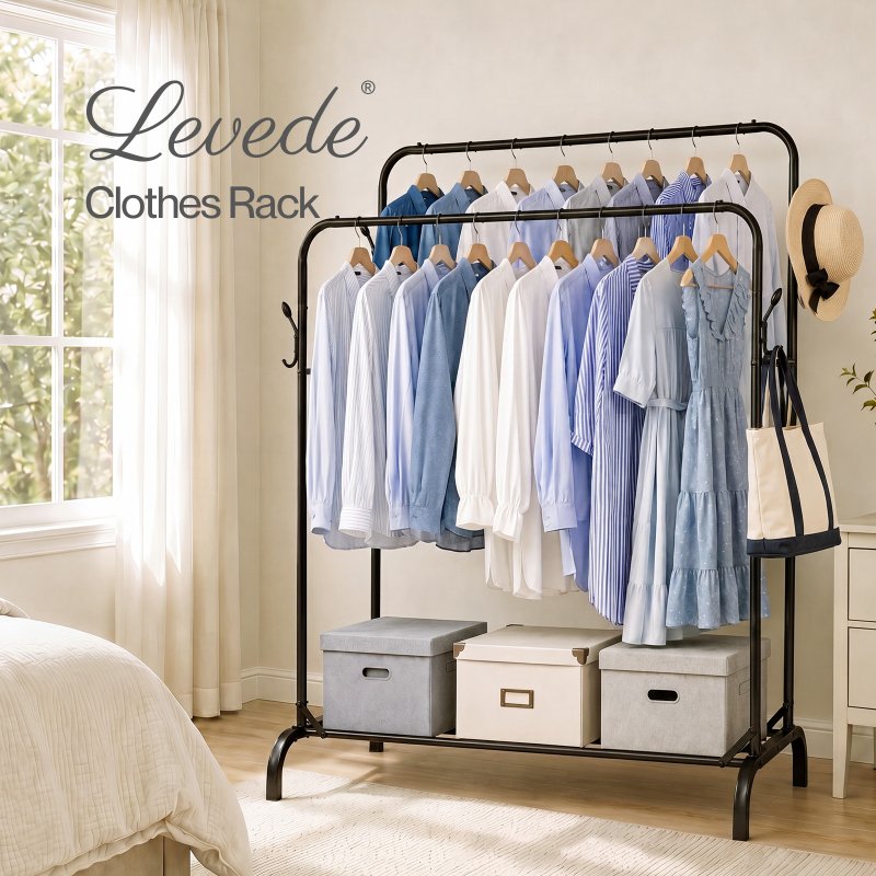 Levede Clothes Rail Heavy Duty 2 Rods Carbon Steel Rack with Shelf Bedroom Black