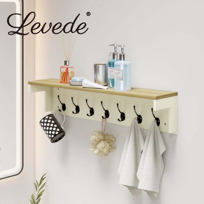 Levede Coat Rack Wall Mounted Shelf 7 Double Hooks Storage Entryway Hallway