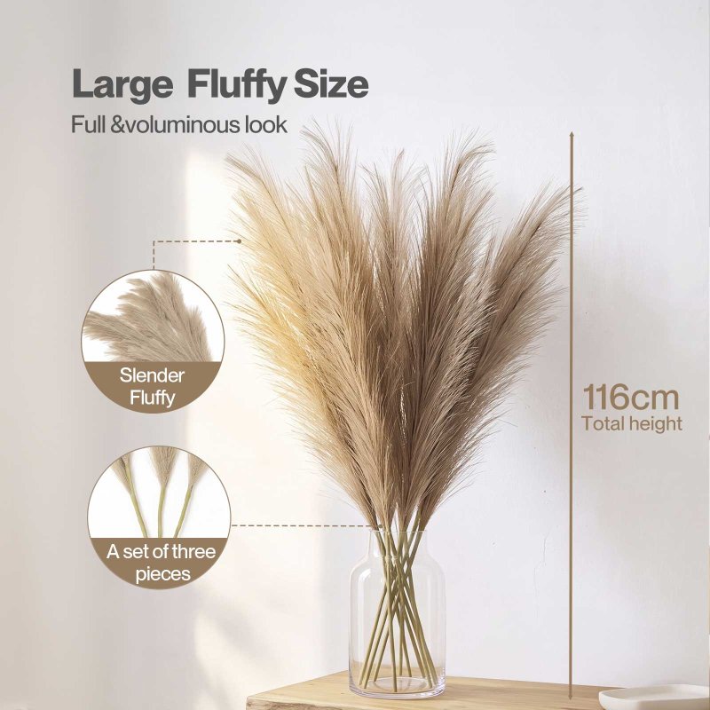 Santaco Pampas Grass Artificial 3Pcs 116cm Handcrafted Faux Silk Vase Brown