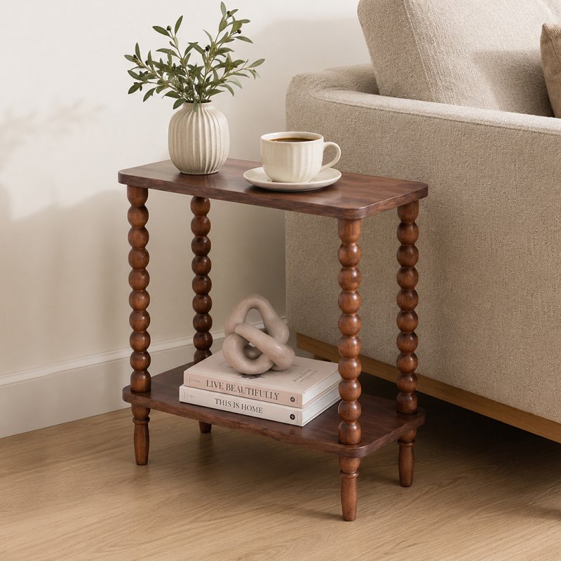 Levede Narrow Side Table 2 Tier Storage MDF End Table Rubber Wood Legs Brown