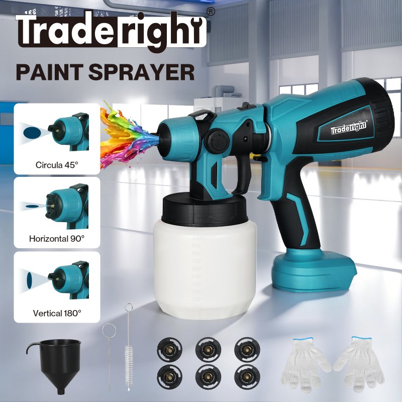 Traderight Cordless Paint Sprayer 18V Electric Spray Gun 1000ml HVLP 6 Nozzles