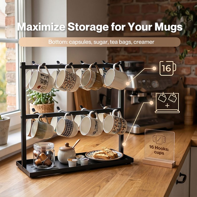 Levede Mug Holder Stand Countertop Coffee Cup Rack Storage Organiser 16 Hooks