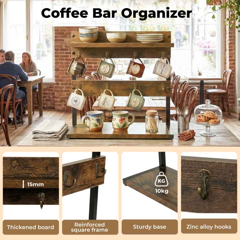 Levede Mug Holder Stand Coffee Cup Rack Storage Organiser 8 Hooks Rustic Brown