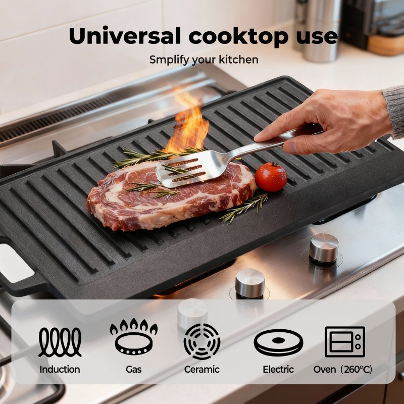 Toque Reversible Cast Iron Griddle Plate Non-Stick Grill Skillet Pan 49.5cm BBQ