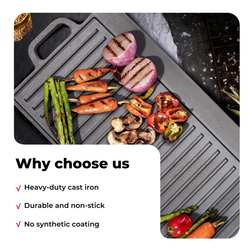 Toque Reversible Cast Iron Griddle Plate Non-Stick Grill Skillet Pan 49.5cm BBQ