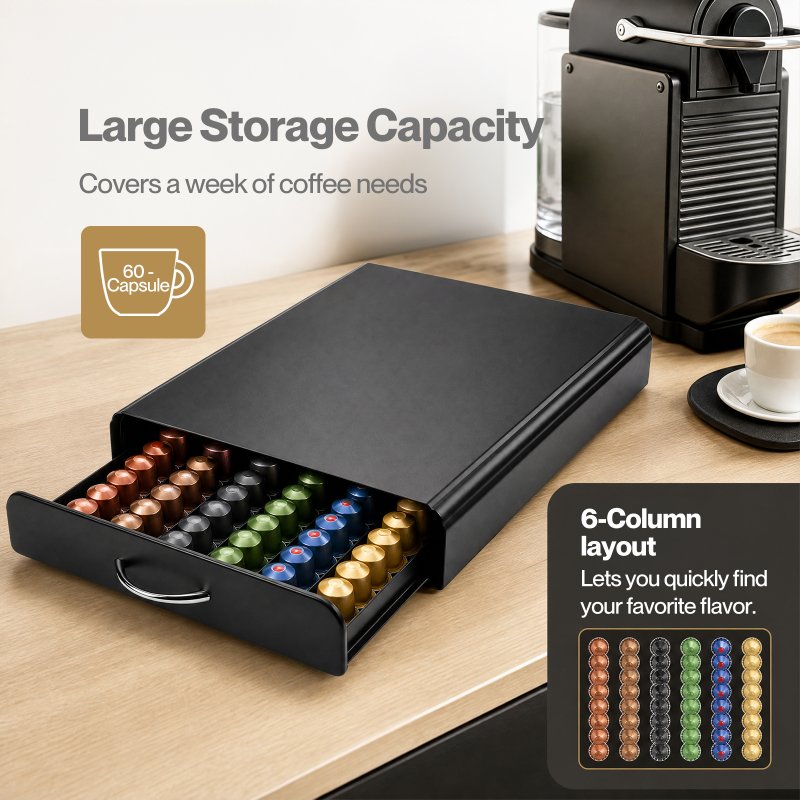 Toque Coffee Pod Holder Drawer for Nespresso Capsules 60 Pod Storage Stand Rack