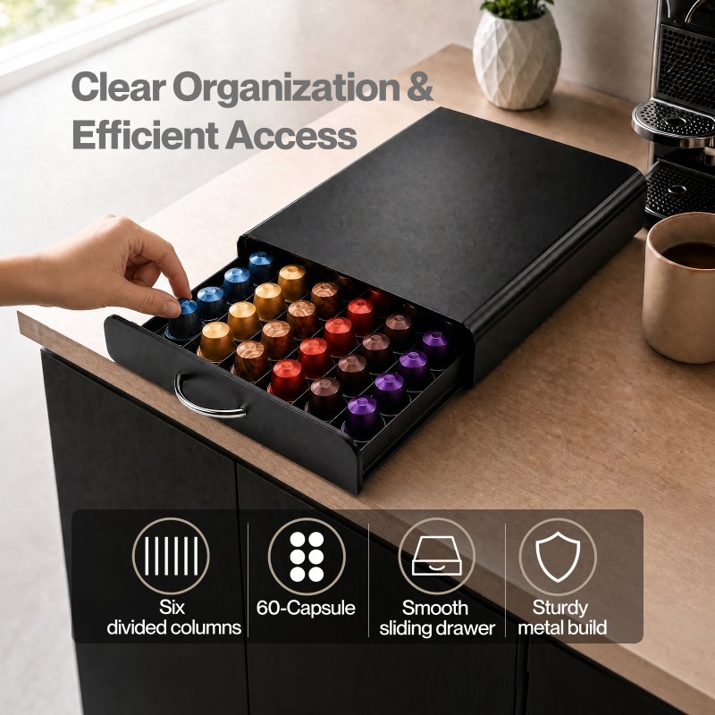 Toque Coffee Pod Holder Drawer for Nespresso Capsules 60 Pod Storage Stand Rack