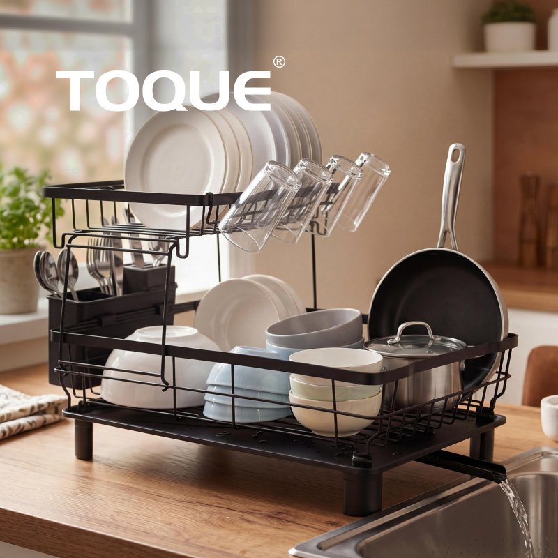 Toque 2 Tier Dish Drainer Rack Drip Tray Cutlery Holder Plate Rack Kitchen Sink