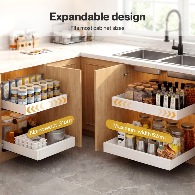 Toque Pull Out Cabinet Organizer Adhesive 2 Pcs Expandable White Storage Drawers