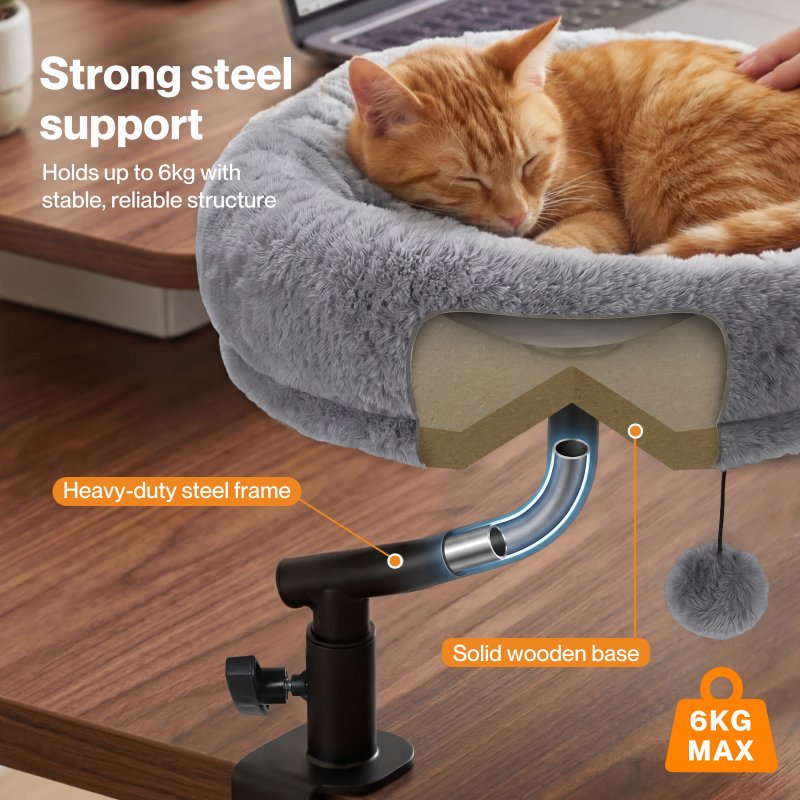 Skylos Cat Desk Bed Rotatable Adjustable Elevated Grey Cozy Hanging Desk