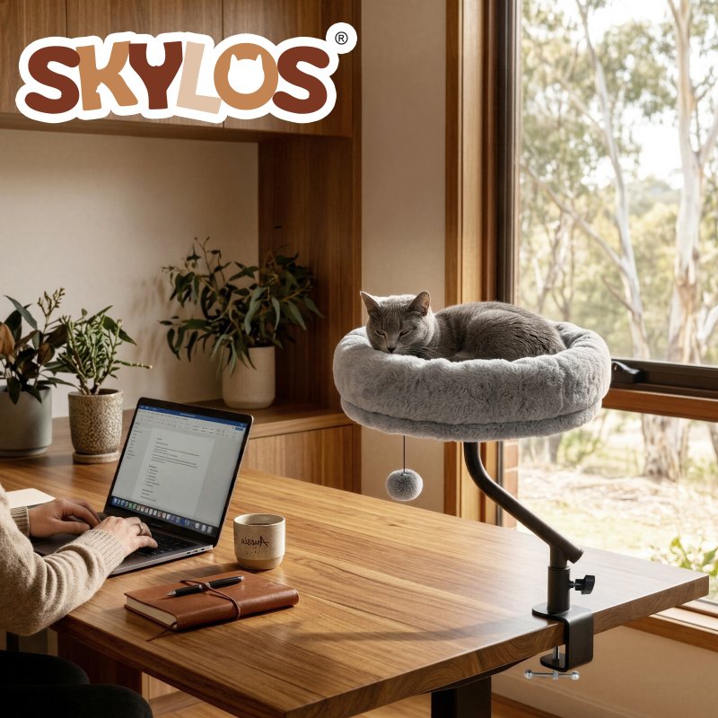 Skylos Cat Desk Bed Rotatable Adjustable Elevated Grey Cozy Hanging Desk