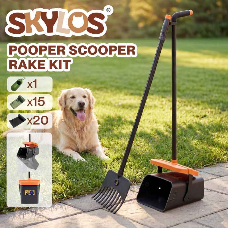 Skylos Pooper Scooper Pet Waste Collector 120cm Handle with Rake 35 Waste Bags
