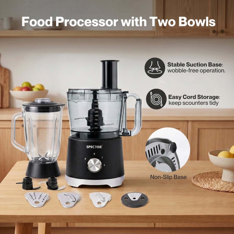 Spector Food Processor 1500W 2-Speed Pulse 2.5L Chopper 1.5L Glass Jug Black