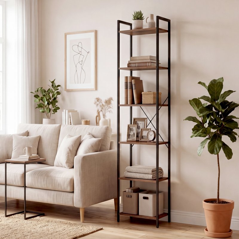 Levede Book Shelf 6-Tier Narrow Shelves Space-Saving Steel Bedroom Walnut Brown