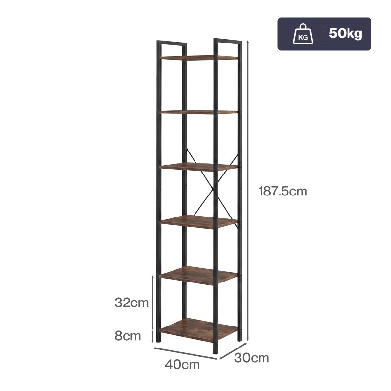 Levede Book Shelf 6-Tier Narrow Shelves Space-Saving Steel Bedroom Walnut Brown