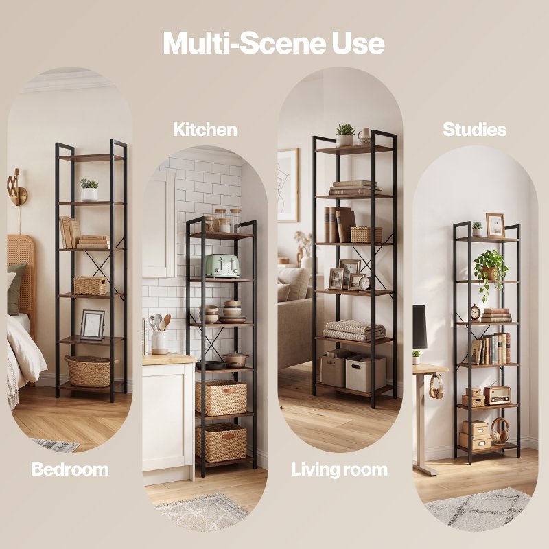 Levede Book Shelf 6-Tier Narrow Shelves Space-Saving Steel Bedroom Walnut Brown