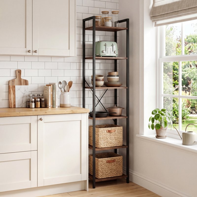 Levede Book Shelf 6-Tier Narrow Shelves Space-Saving Steel Bedroom Walnut Brown