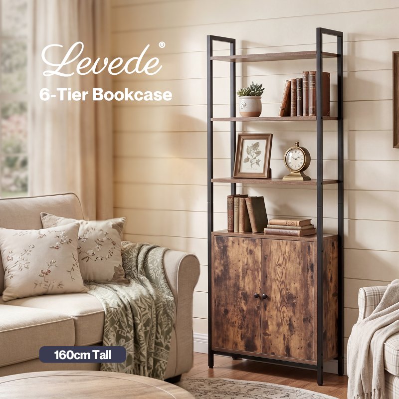 Levede Bookshelf 6 Tier Adjustable Display Shelf90kg Living Room Walnut Colour