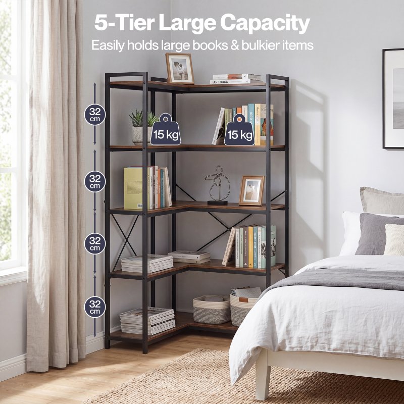 Levede Corner Bookcase 5-Tier L-Shaped Bookshelf Space-Saving Spice Walnut Black Metal