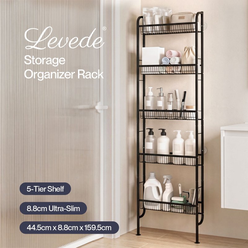 Levede Behind Door Storage Organiser Narrow 5-Tier Bathroom Shelves Steel Black