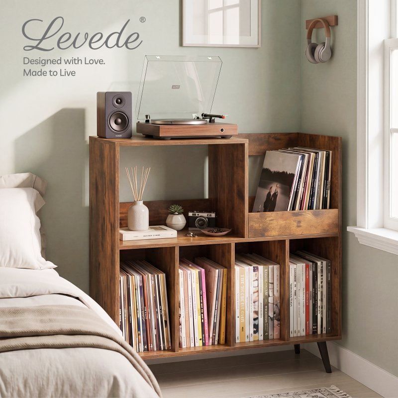 Levede Record Player Stand 300+ Album Storage Turntable Cabinet Rubber Wood Antique Brown