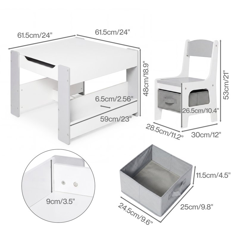 Dekko Kids Table and Chairs Set 2-in-1 Flip Top Storage Activity Play Study Grey