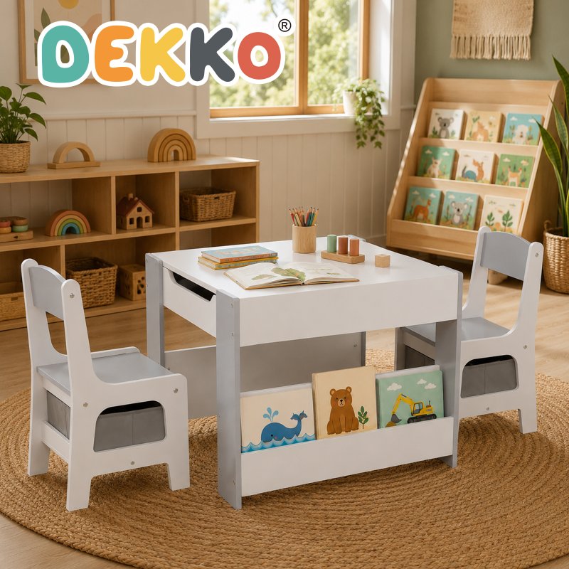 Dekko Kids Table and Chairs Set 2-in-1 Flip Top Storage Activity Play Study Grey