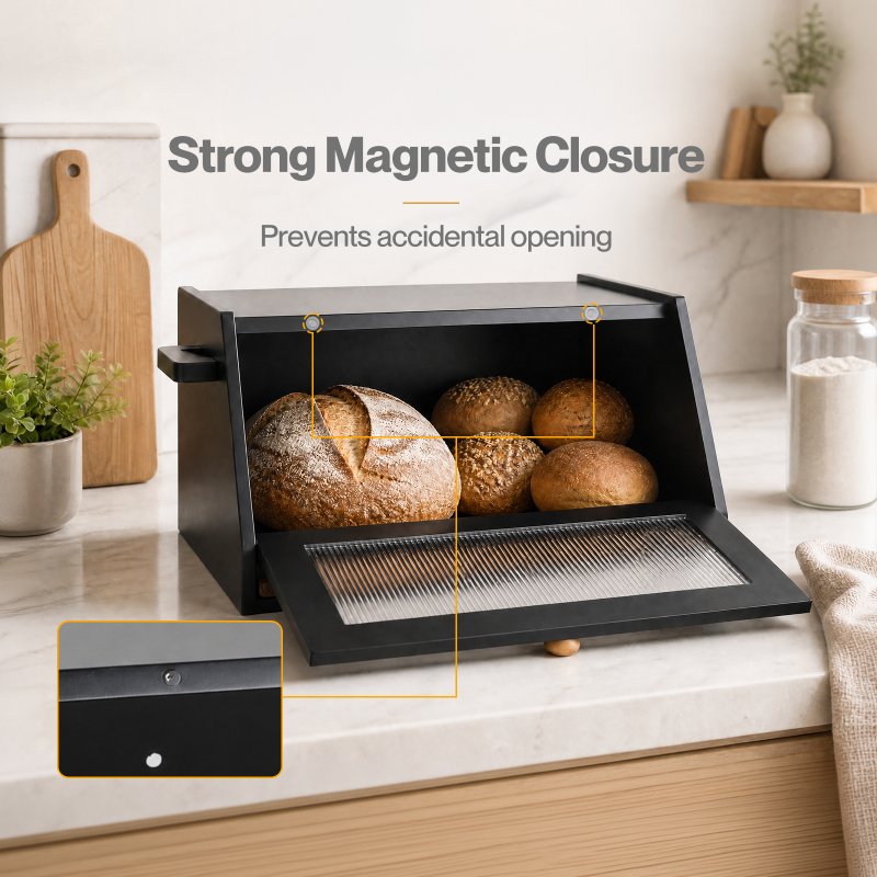 TOQUE Bread Box Wooden Bread Bin 2-Tier Bamboo Bread Storage Holder Black