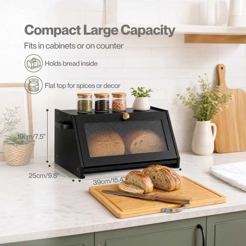 TOQUE Bread Box Wooden Bread Bin 2-Tier Bamboo Bread Storage Holder Black