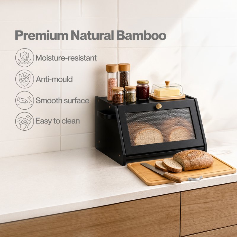 TOQUE Bread Box Wooden Bread Bin 2-Tier Bamboo Bread Storage Holder Black