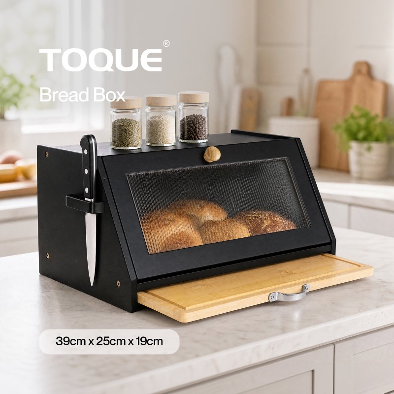 TOQUE Bread Box Wooden Bread Bin 2-Tier Bamboo Bread Storage Holder Black