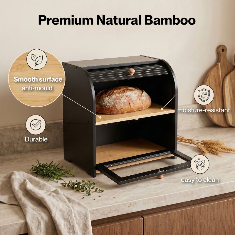 Bread Box 2-Tier Large Capacity Roll Top Black Bamboo Acrylic Door