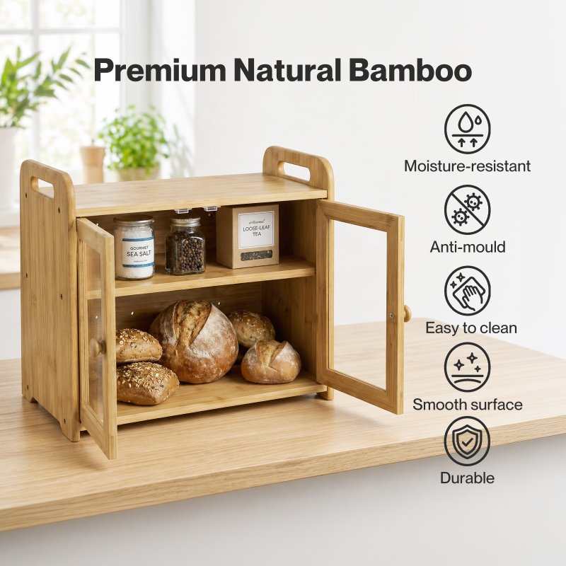 TOQUE Bread Box 20L 2-Tier Bamboo Bread Bin Storage Acrylic Door Natural