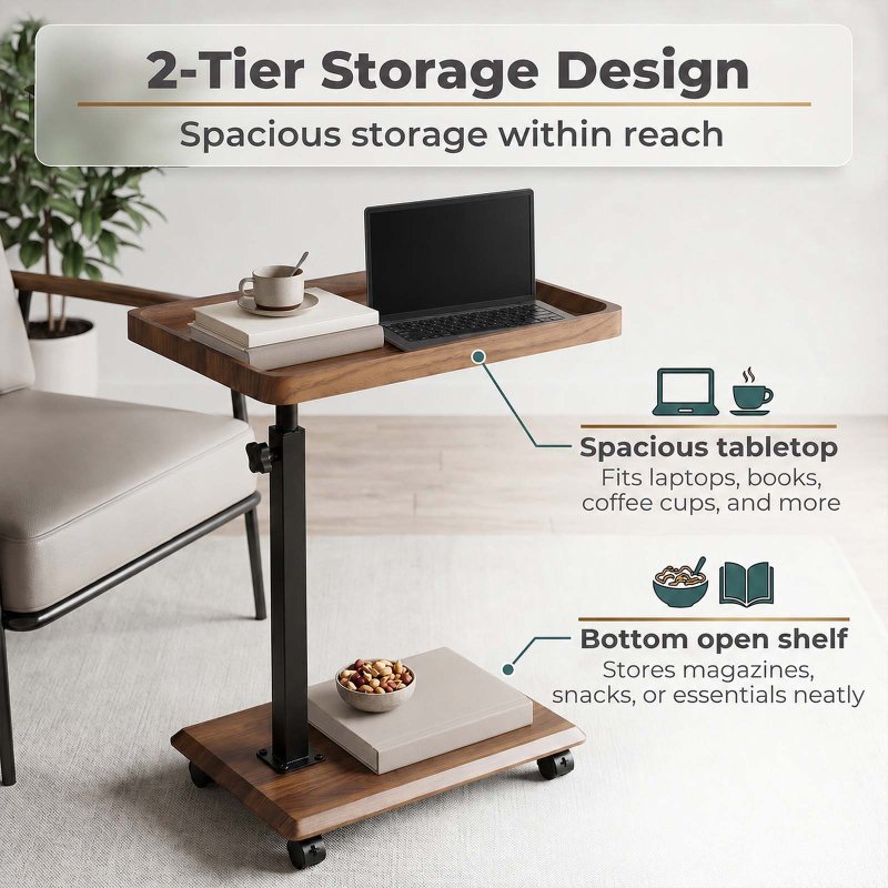 Levede C Shaped Side Table Height Adjustable Rolling 360° Swivel Top End Table