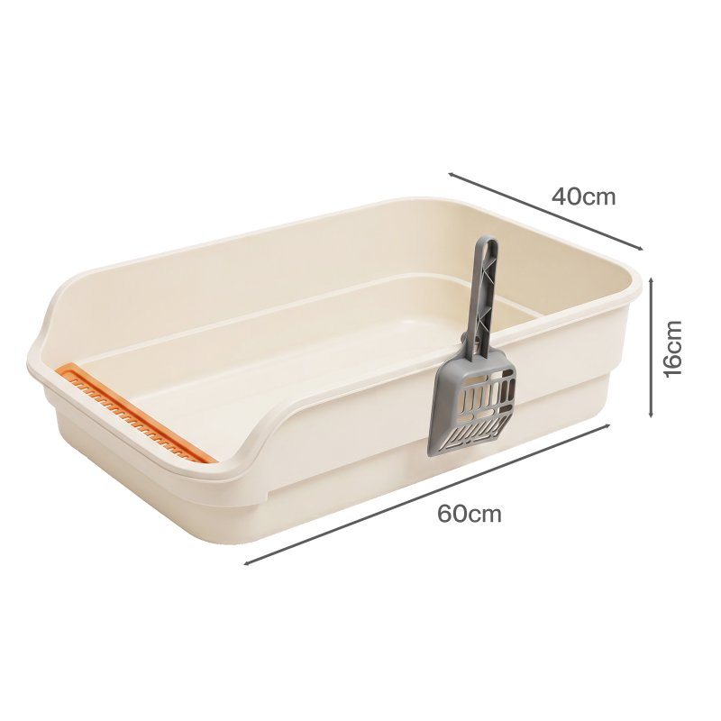 Skylos Cat Litter Tray Spacious High Sided Low Entry Open Pan for Cats Beige
