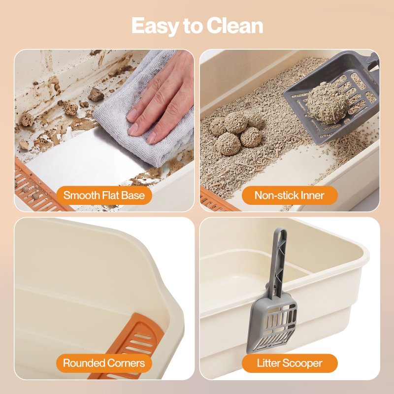 Skylos Cat Litter Tray Spacious High Sided Low Entry Open Pan for Cats Beige