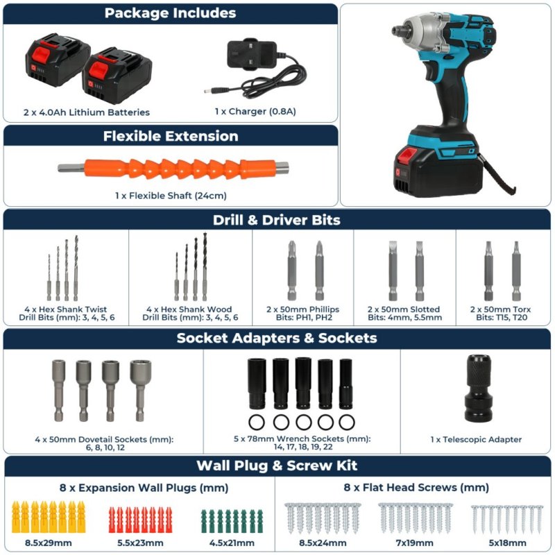 Traderight 21V Brushless Impact Wrench Drill 1/2" Rattle Gun 4.0Ah Battery Kit