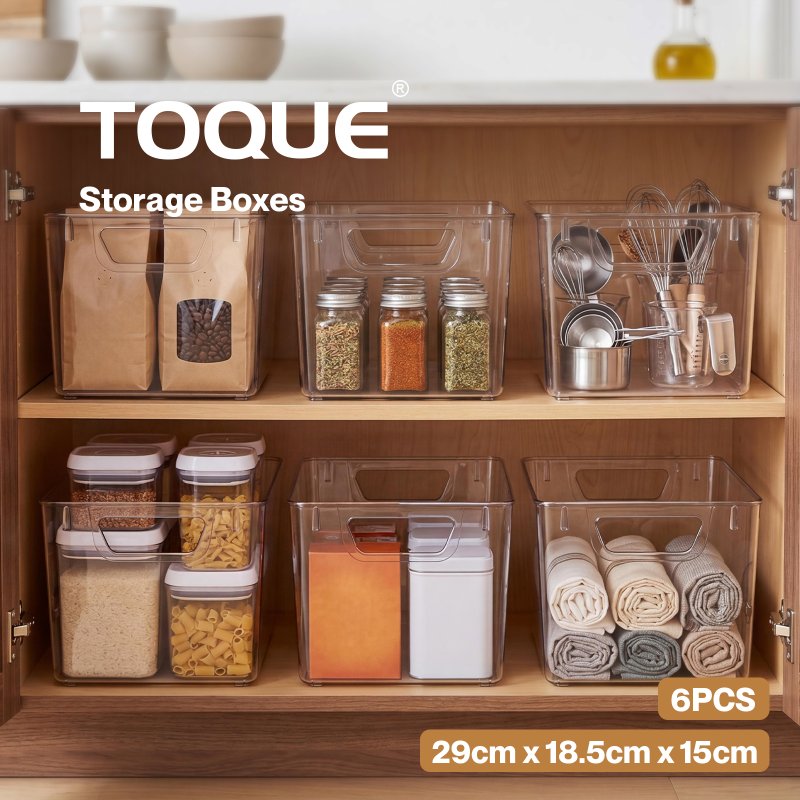 TOQUE 6PCS Fridge Storage Bins Clear Kitchen Organiser Containers PET Stackable